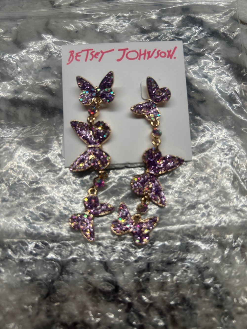 Betsey Johnson Gold-Tone Purple Crystal Butterfly Chandelier Earrings
